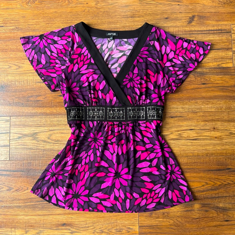 vtg y2k purple and black floral print babydoll top w/ sequins